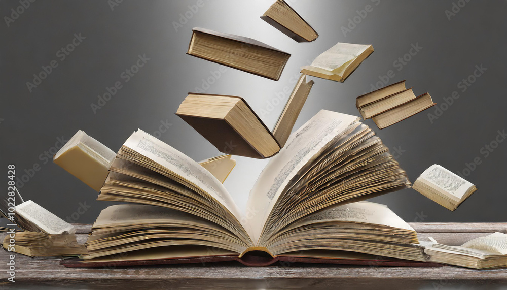 Poster an open book surrounded by floating pages in a minimalist setting with a soft, diffused light creati