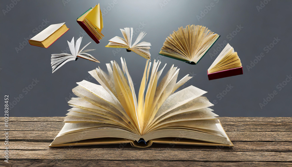 Poster an open book rests on a wooden table with flying books surrounding it in a creative display of imagi