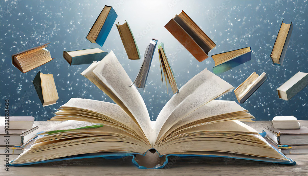 Poster an open book with flying pages and floating books in a sparkling library setting