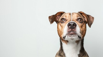 Close-up portrait of a brown and white dog with alert expression and floppy ears against a plain background.
