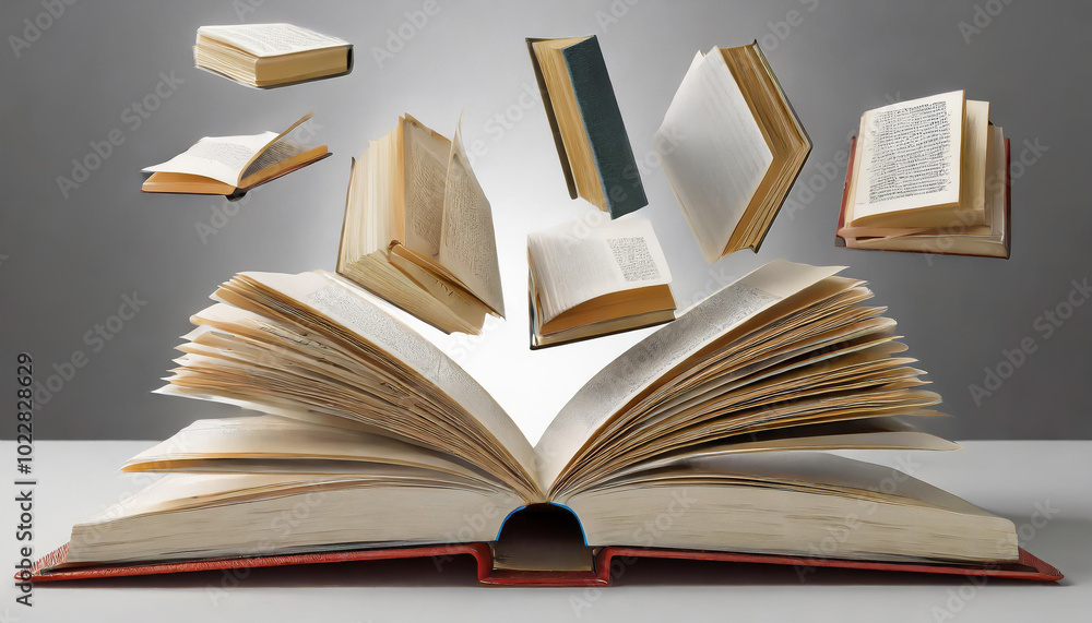 Poster open book surrounded by floating pages, symbolizing the magic of reading and imagination in a creati