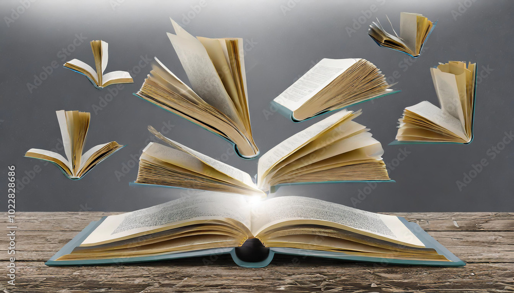 Poster an open book with floating pages set against a gray backdrop, creating a whimsical reading atmospher