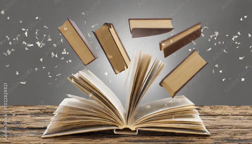 Poster an open book with flying pages and floating novels against a neutral background, symbolizing the mag