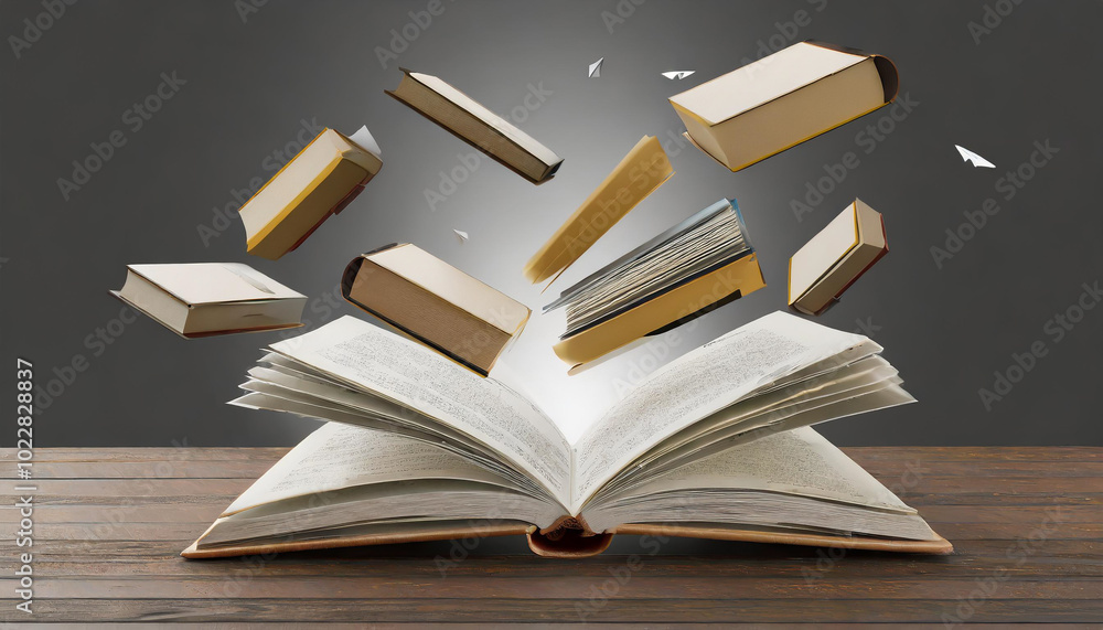 Poster an open book with pages flipping and floating books around it on a wooden table against a grey backg