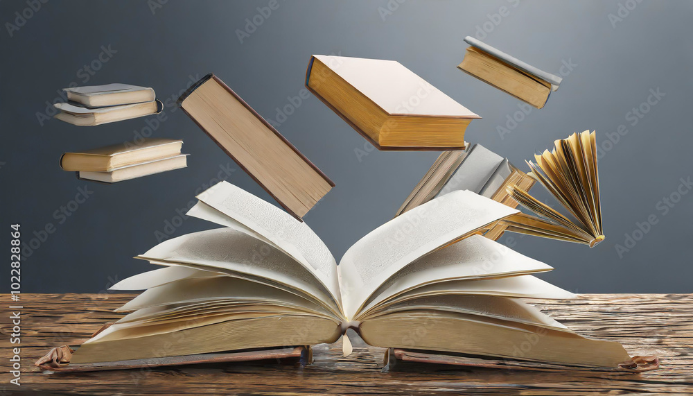 Poster an artistic display of floating books above an open book on a wooden table, showcasing the wonders o