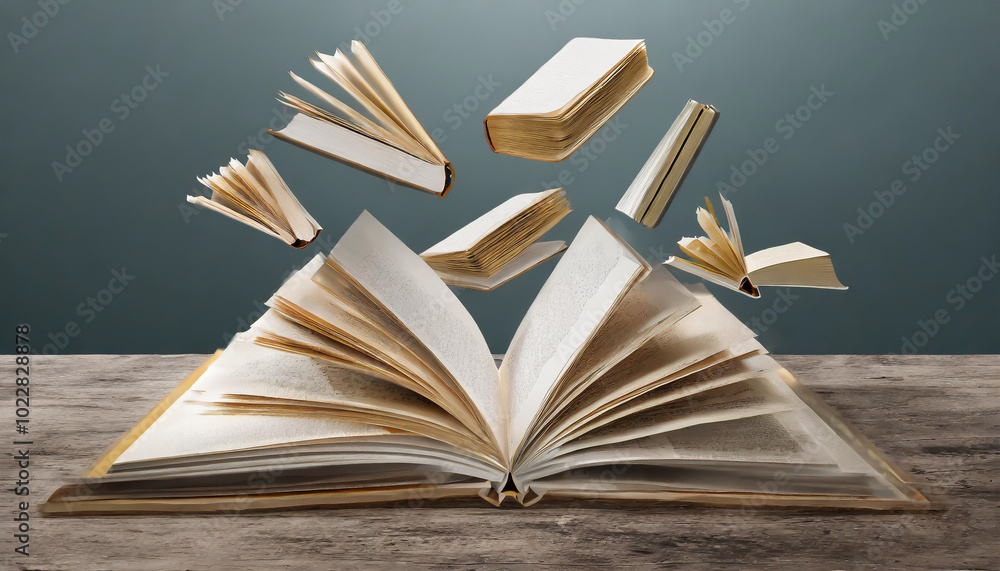 Poster a collection of books floating above an open book on a wooden surface, illuminated by soft light in 