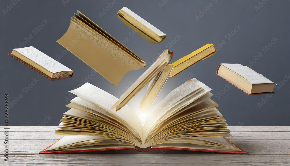Poster an open book with flying pages captured in a creative display of knowledge and imagination in a mini