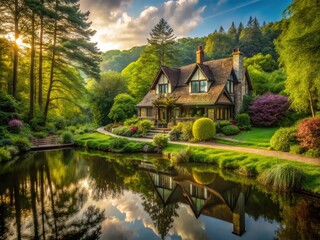 Obraz premium Tranquil Woodland Retreat: A Serene House Surrounded by Lush Green Trees and Nature's Beauty