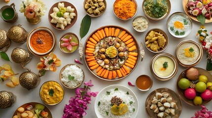 Rama Navami Feast: A festive spread of traditional dishes and sweets prepared for Rama Navami, laid out on a decorated table The scene captures the culinary richness of the festival