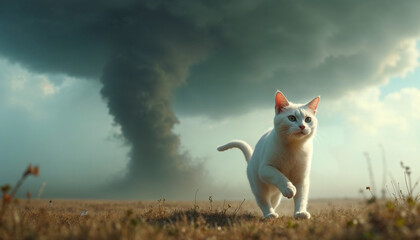 Cat running from hurricane milton, big tornado behind