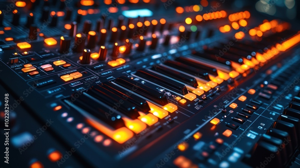 Poster close-up of a synthesizer with glowing controls and keys.