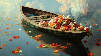 Fototapeta premium A tranquil scene of a traditional Indian boat with flowers adorning it