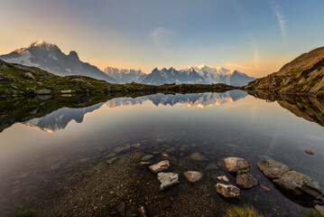 Lacs des Cheserys, Chesery lake - Mountain lakes above Chamonix in sunset