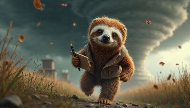 Reporter sloth be like news jurnalis running from hurricane milton, big tornado behind