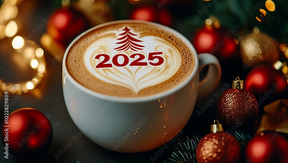 Poster cappuccino with latte art in the shape of a christmas tree : generative ai