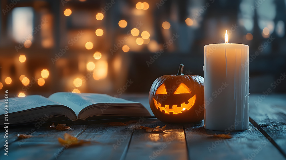 Canvas Prints a candle and jack-o'-lantern on a wooden table with a book of lights in the background