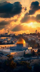 Fototapeta premium A panoramic view of Jerusalem's ancient cityscape, showcasing the dome on top and old walls with golden hues under a bright sky.