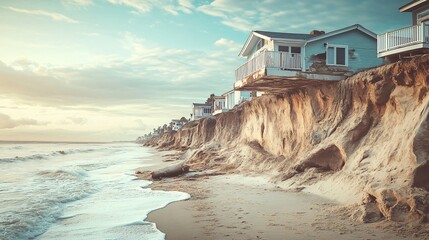 Beach houses perched precariously on a eroding cliff overlooking the ocean.