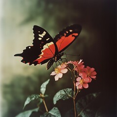 Naklejka premium A graceful butterfly surrounded by colorful flowers in full bloom.