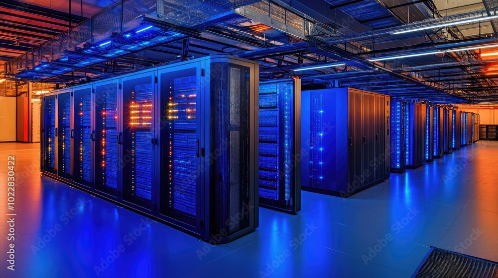 Aufkleber modern data center with illuminated server racks
