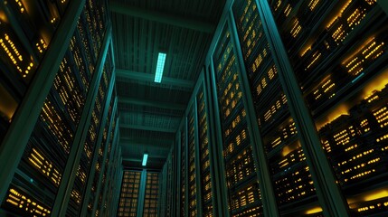 Obraz premium Illuminated Data Center with Rack Servers at Night