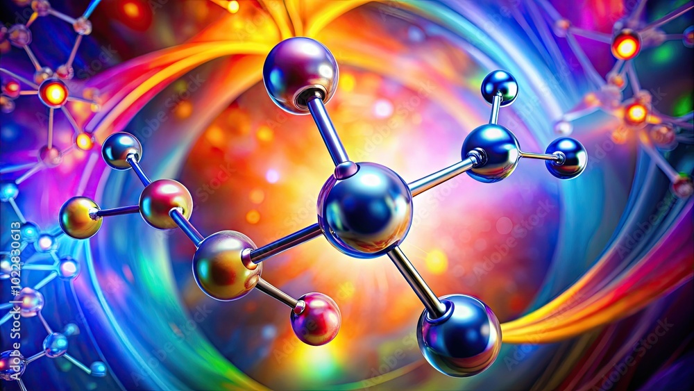 Poster two atoms bonding in a diatomic molecule representation with colorful background and glow effect