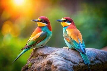 Obraz premium Two Birds on a Stone: Nature's Harmony Captured in a Serene Outdoor Setting with Soft Lighting