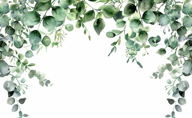 Eucalyptus Greenery Frame. Watercolor Leaves and Branches on White. Wedding Invitation Template for Poster, Card, Banner, Save the Date, Stationery Design. Hand Drawn Green Herbs.