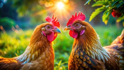 Fototapeta premium Two vibrant chicks engaging in an intimate moment in a natural outdoor setting under soft sunlight