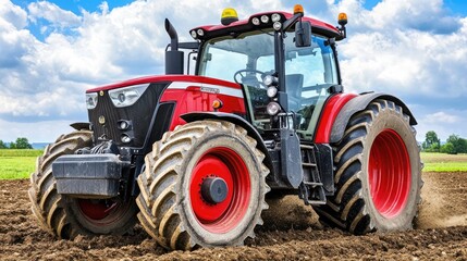 Obraz premium A tractor working the field, with rich soil in the foreground and a breathtaking countryside backdrop. A peaceful rural scene.
