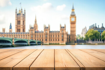 Naklejka premium Empty wooden table with a blurred Big Ben and Houses of Parliament in London in the background, creating a space for product display or design montage. 
