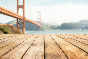 Empty wooden table with a blurred Golden Gate bridge in San Francisco in the background, creating a space for product display or design montage.  © Victor