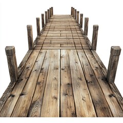 Fototapeta premium A long wooden bridge from a top-down perspective with intricate wooden planks on a white background