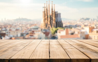 Empty wooden table with a blurred Sagrada Familia in Barcelona in the background, creating a space for product display or design montage. 