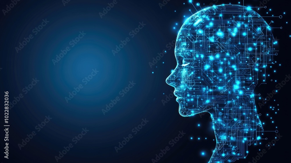Poster abstract artificial intelligence visualization with blue glowing circuits and data streams, symboliz