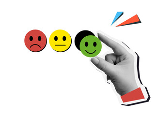 User experience - the hand chooses the smiling emoji. Service rating. Illustration on transparent background