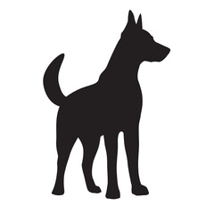 Dog full length black silhouette, three-quarter view. Illustration on transparent background