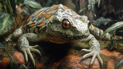 Fototapeta premium A vibrant frog resting on a rock amidst lush greenery.