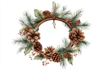 Fototapeta premium A rustic wreath adorned with pinecones and evergreen foliage on a white isolated background.