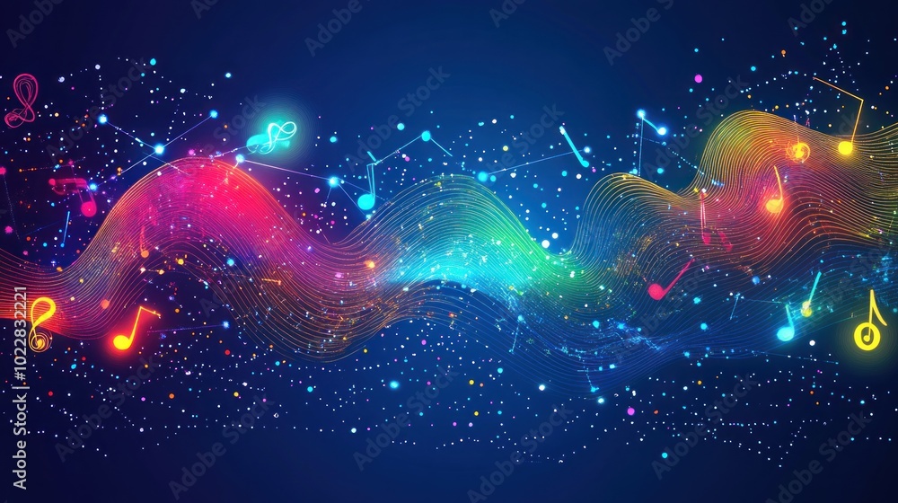 Wall mural Colorful musical wave with notes and vibrant particles on a dark background.