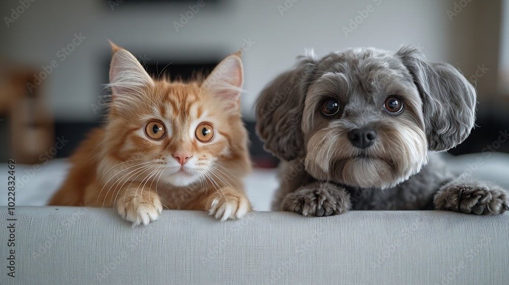 Poster pets store concept puppy dog and pet cat together showing a placard display isolated on white backgr