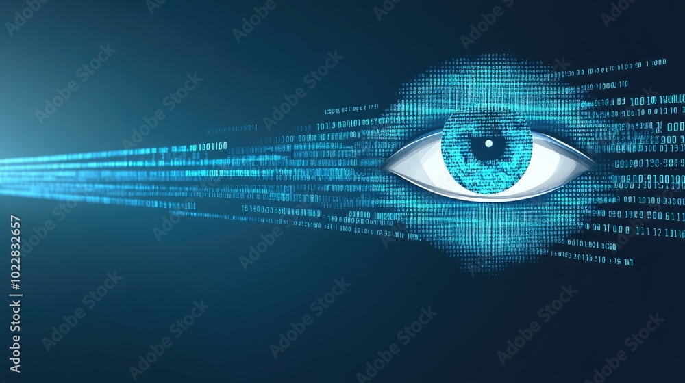 Poster abstract digital eye immersed in streams of data within a tech tunnel, glowing with neon blue lights
