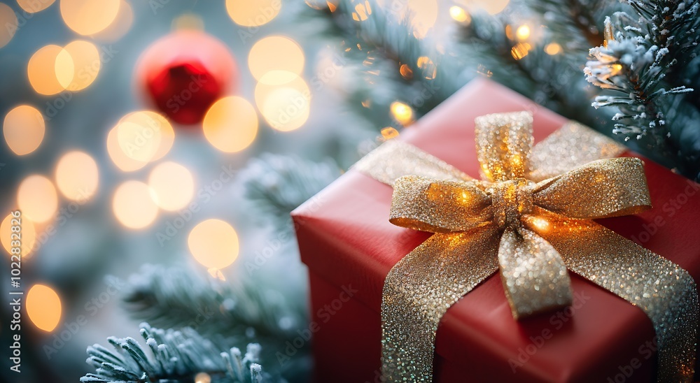 Poster a red christmas present gift box with a golden bow on a tree branch against a blurred background : g