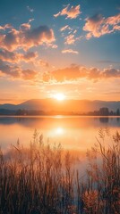 Fototapeta premium An enchanting panorama of sunrise over the lake's still waters.