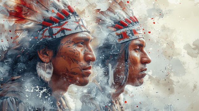 Native American Men with Feathered Headdresses and Traditional Jewelry