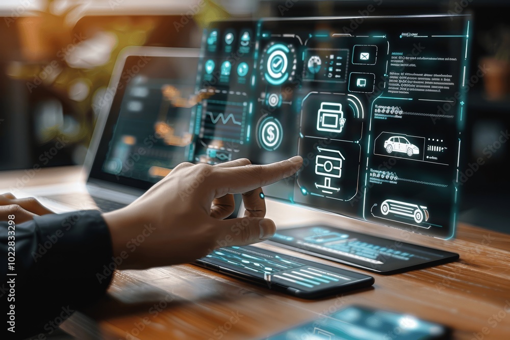 Poster customer service and warranty evaluation: businessman using futuristic interface for quality control