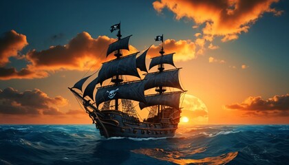 Obraz premium illustration of pirates ship in the middle of ocean