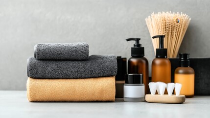 Stacked towels with black and yellow colors next to amber glass bottles and toothbrushes on a bathroom counter, with a minimalistic and spa-like design.