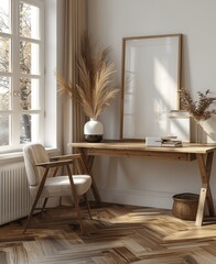Minimalist Boho Style Living Room with Wooden Desk White Top and Armchair Modern Interior Design Natural Light Herringbone Floor