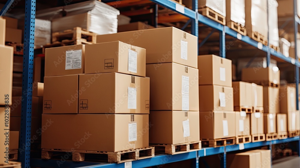 Poster ar-powered warehouse with smart technology, highlighting packages for optimized picking and efficien